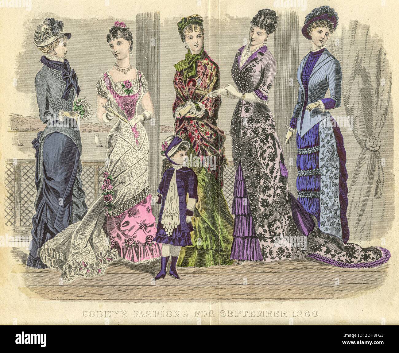 Farbzeichnung von Godeys Damenmode für September 1880 aus Godeys Lady's Book and Magazine, 1880 Philadelphia, Louis A. Godey, Sarah Josepha Hale, Stockfoto
