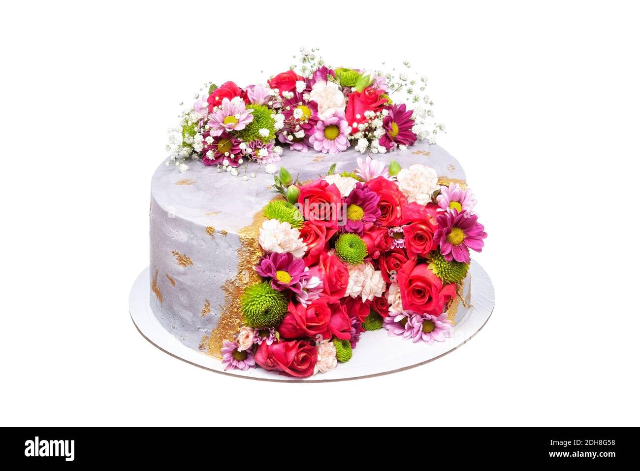 Bunte original Blumenkuchen für Hochzeitstag. Auf einem weißen isolierten Hintergrund. Stockfoto