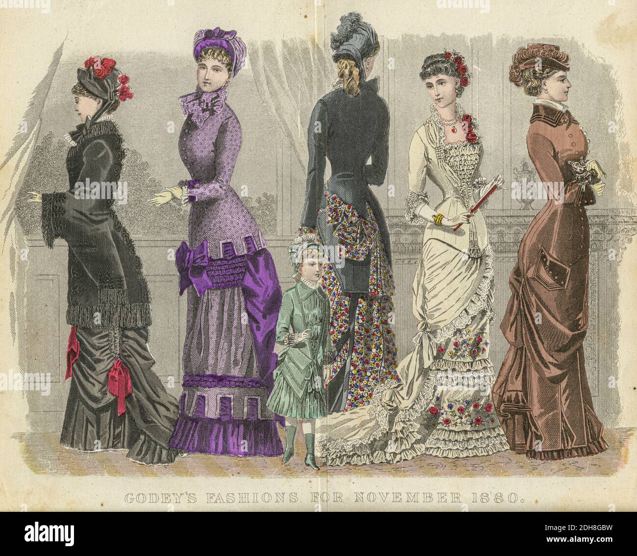 Farbzeichnung von Godeys Damenmode für November 1880 aus Godeys Lady's Book and Magazine, 1880 Philadelphia, Louis A. Godey, Sarah Josepha Hale, Stockfoto