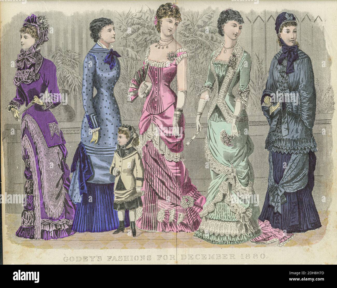 Farbzeichnung von Godeys Damenmode für Dezember 1880 aus Godeys Lady's Book and Magazine, 1880 Philadelphia, Louis A. Godey, Sarah Josepha Hale, Stockfoto