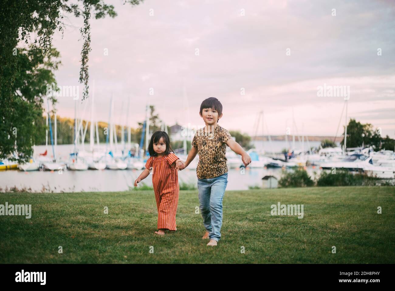 Portrait von lächelndes Mädchen mit Down-Syndrom Schwester zu Fuß auf Grasland Stockfoto