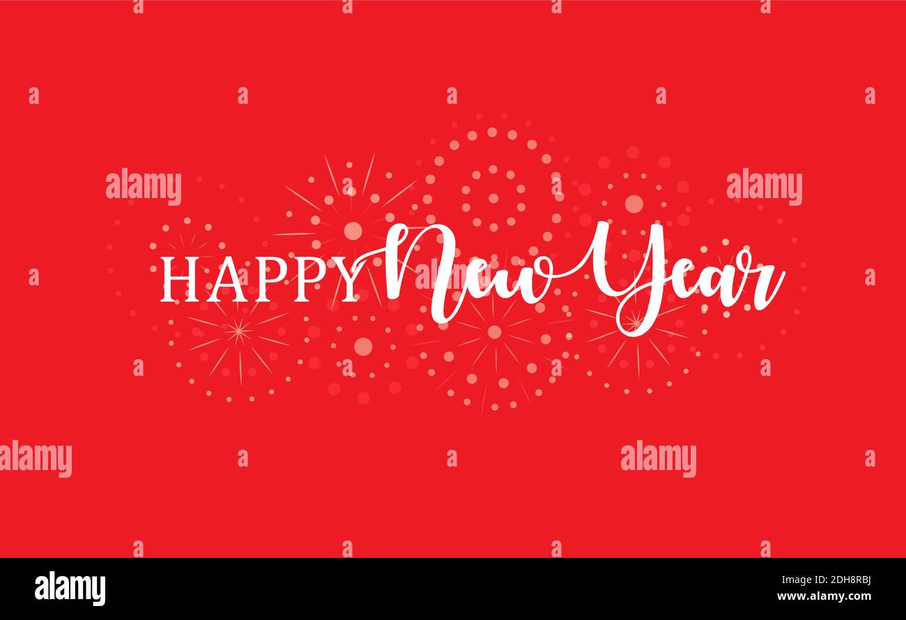 Elegante Inschrift eines glücklichen neuen Jahres, festliche Postkarte mit Feuerwerk, Vektor-Illustration. Stock Vektor