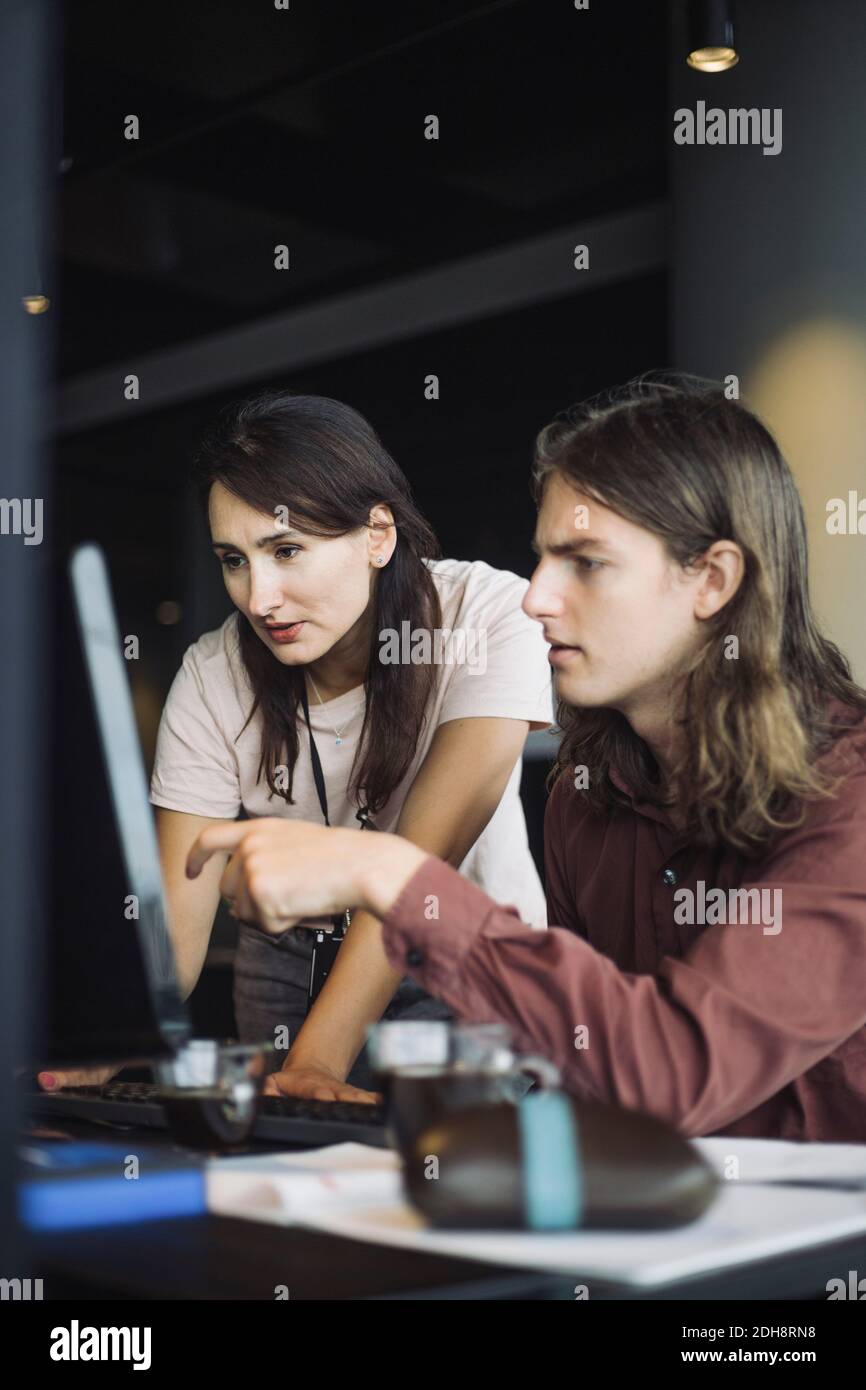 IT-Profi mit männlichen Kollegen, die im Büro an einem Laptop arbeiten Stockfoto