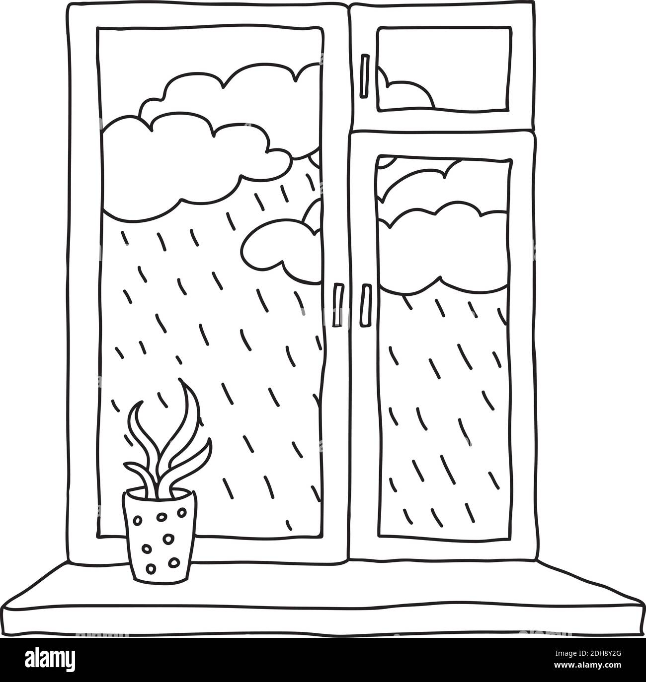 Schwarz-Weiß-Abbildung. Regen vor dem Fenster Stock Vektor