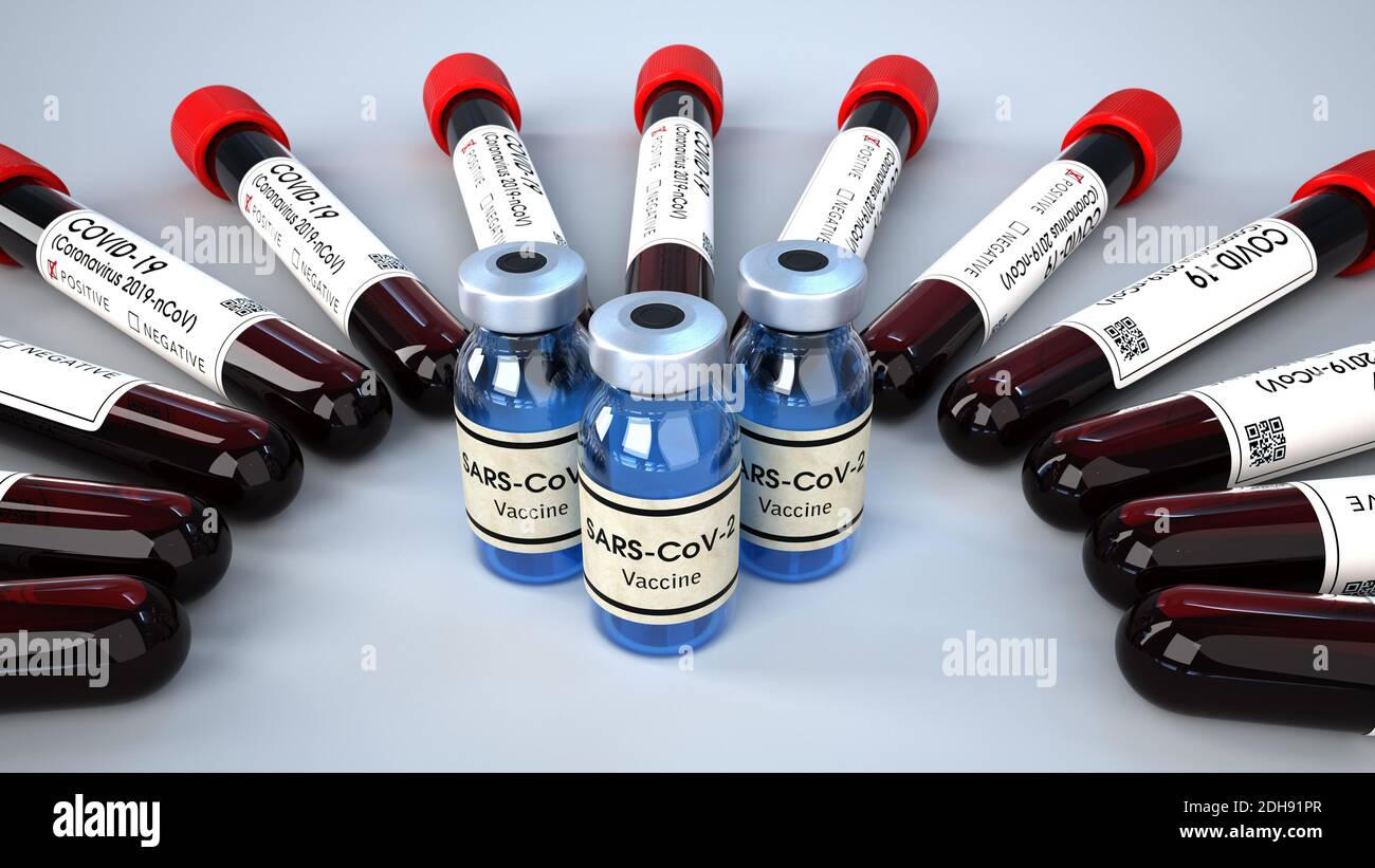 Impfstoffflaschen Mit Positiven Blutproben Stockfoto