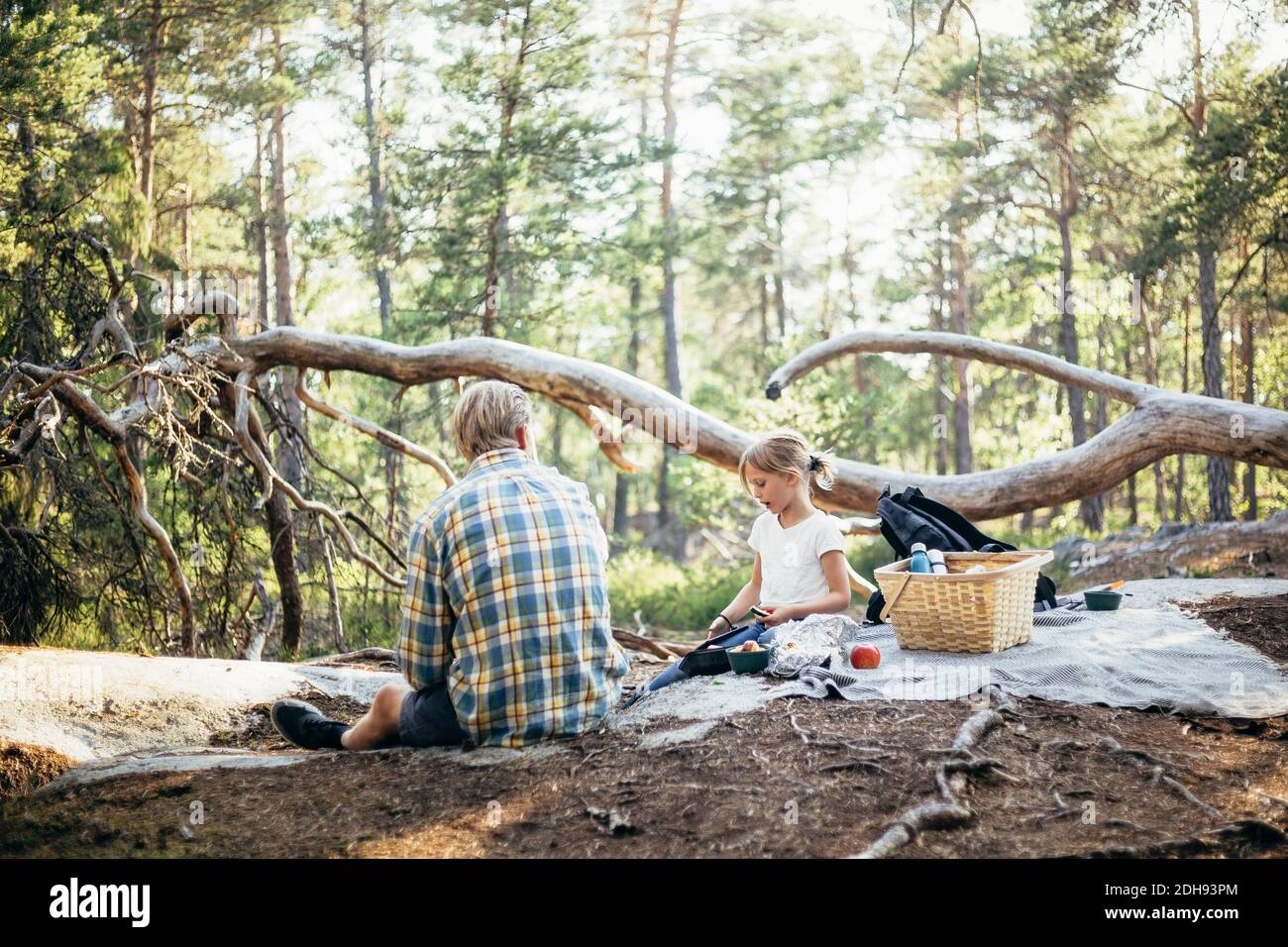 Tochter, die mit dem Vater auf einer Picknickdecke sitzt und telefoniert Im Wald Stockfoto