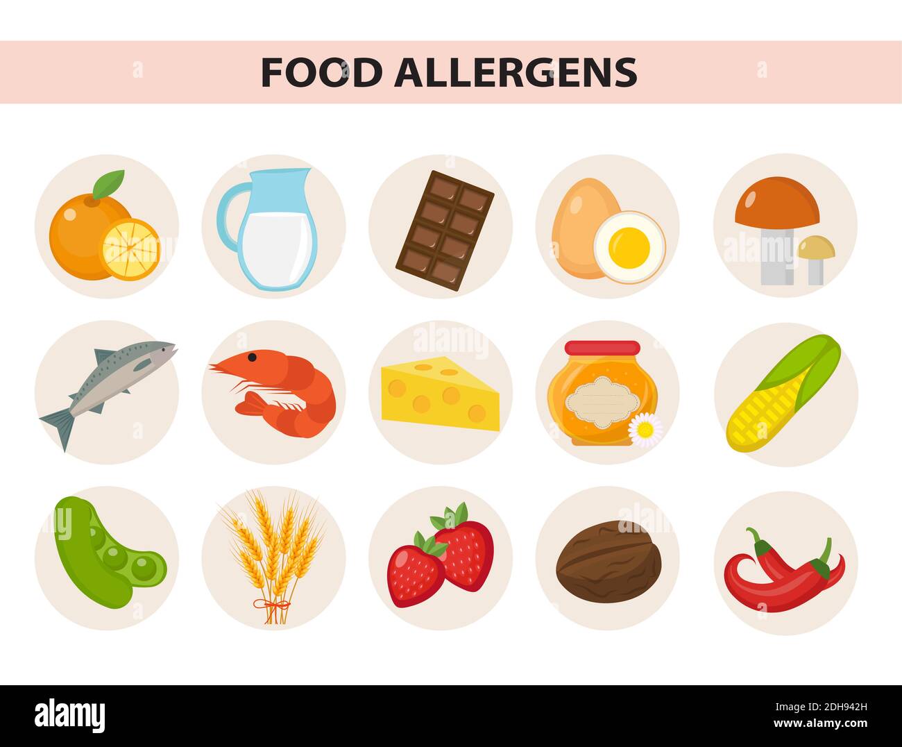 Lebensmittel Allergen Icon Set flach Stil. Allergieprodukte, Nahrungsmittelallergien. Isoliert auf weißem Hintergrund. Vektorgrafik Stock Vektor