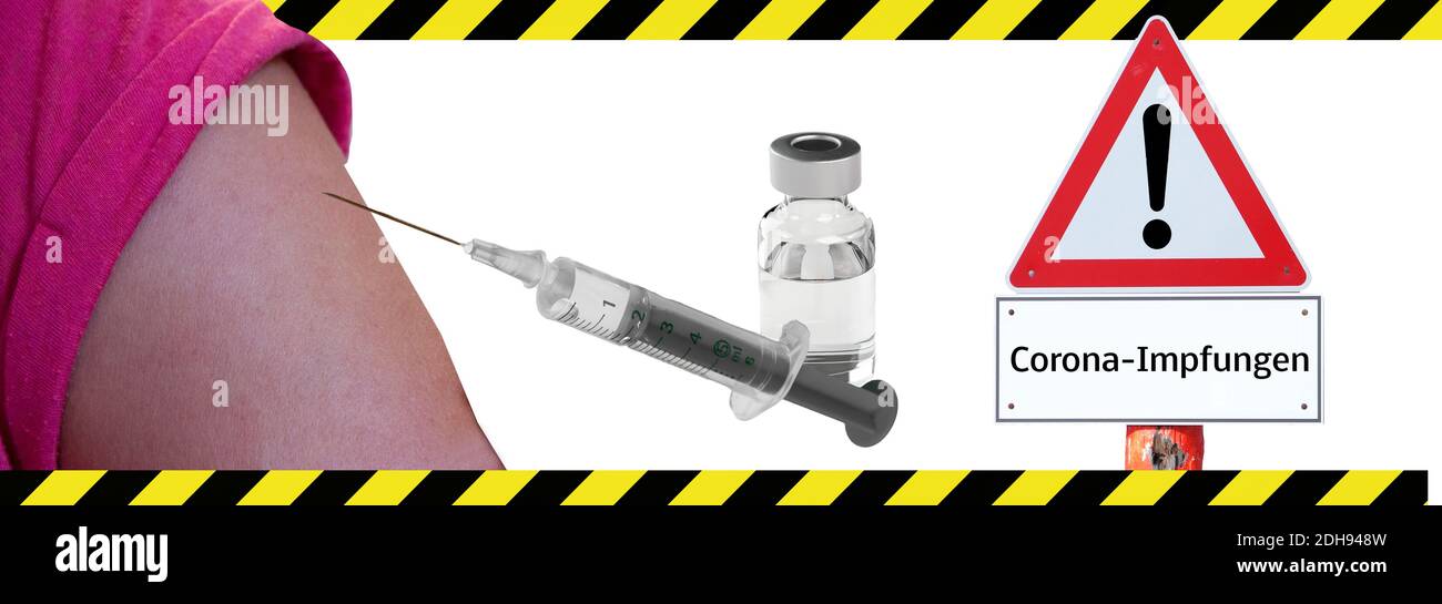 Warnschild Achtung Impfbanner Coronavirus in deutsch Stockfoto