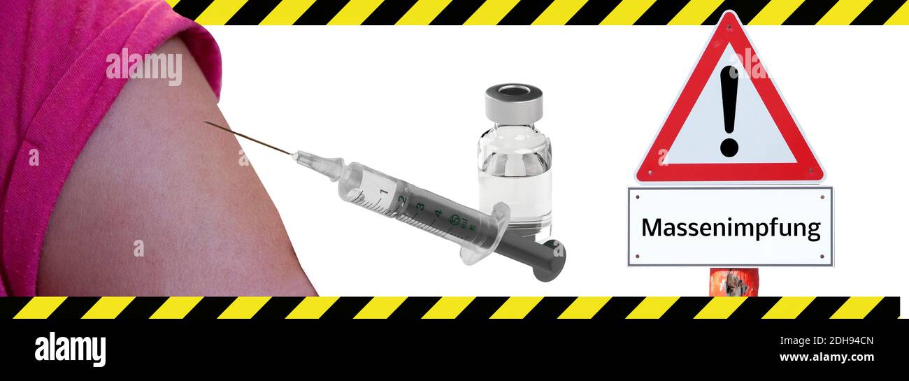 Warnschild Achtung Massenimpfung Banner Coronavirus in deutsch Stockfoto