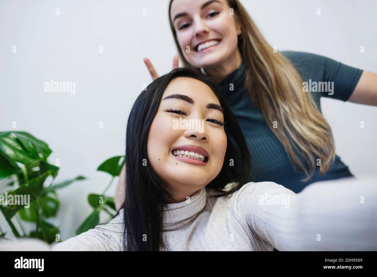 Portrait von glücklichen Bloggerinnen, die im kreativen Büro Zähne zusammenhalten Stockfoto
