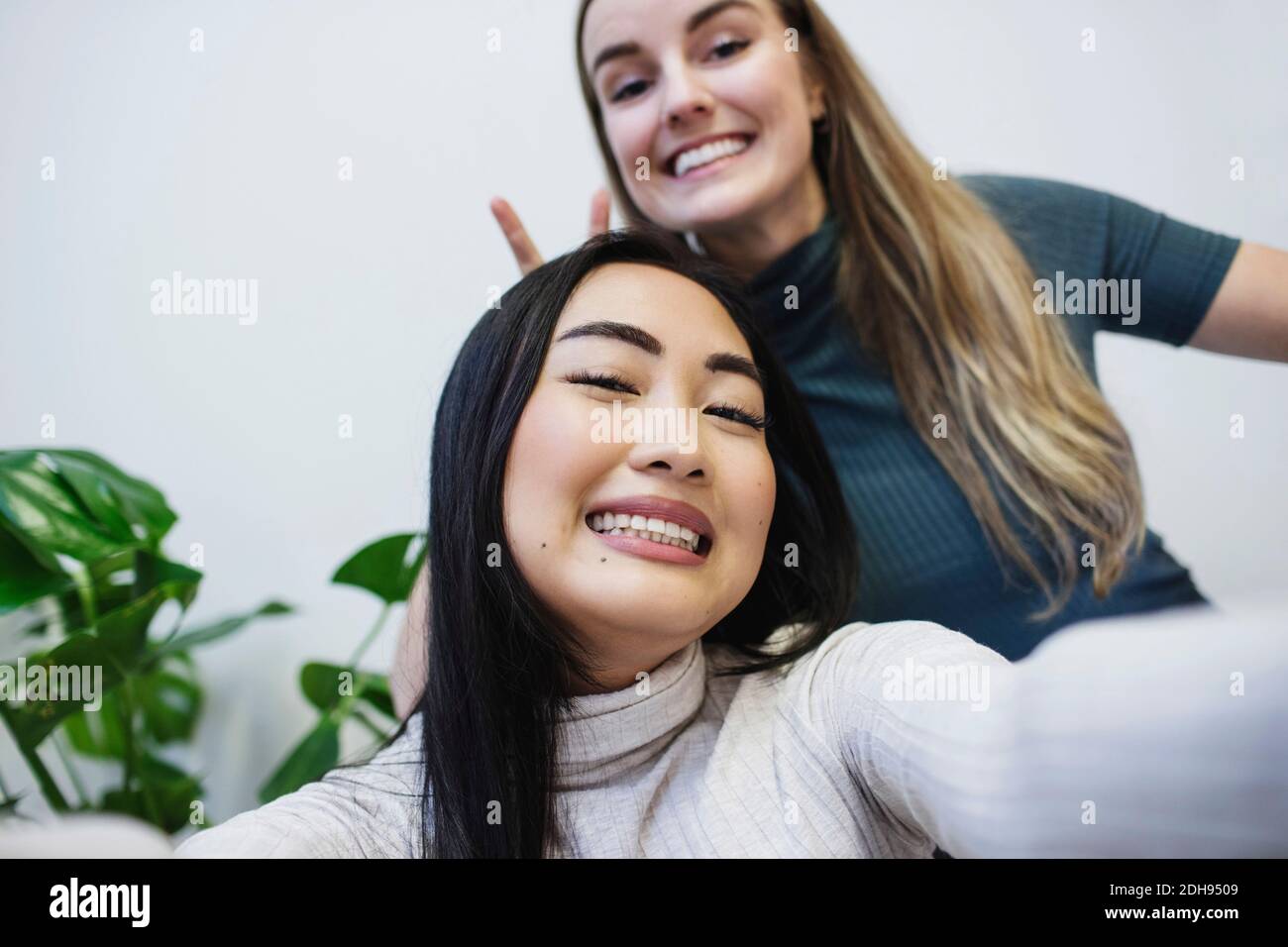 Portrait von glücklichen Bloggerinnen, die im kreativen Büro Zähne zusammenhalten Stockfoto