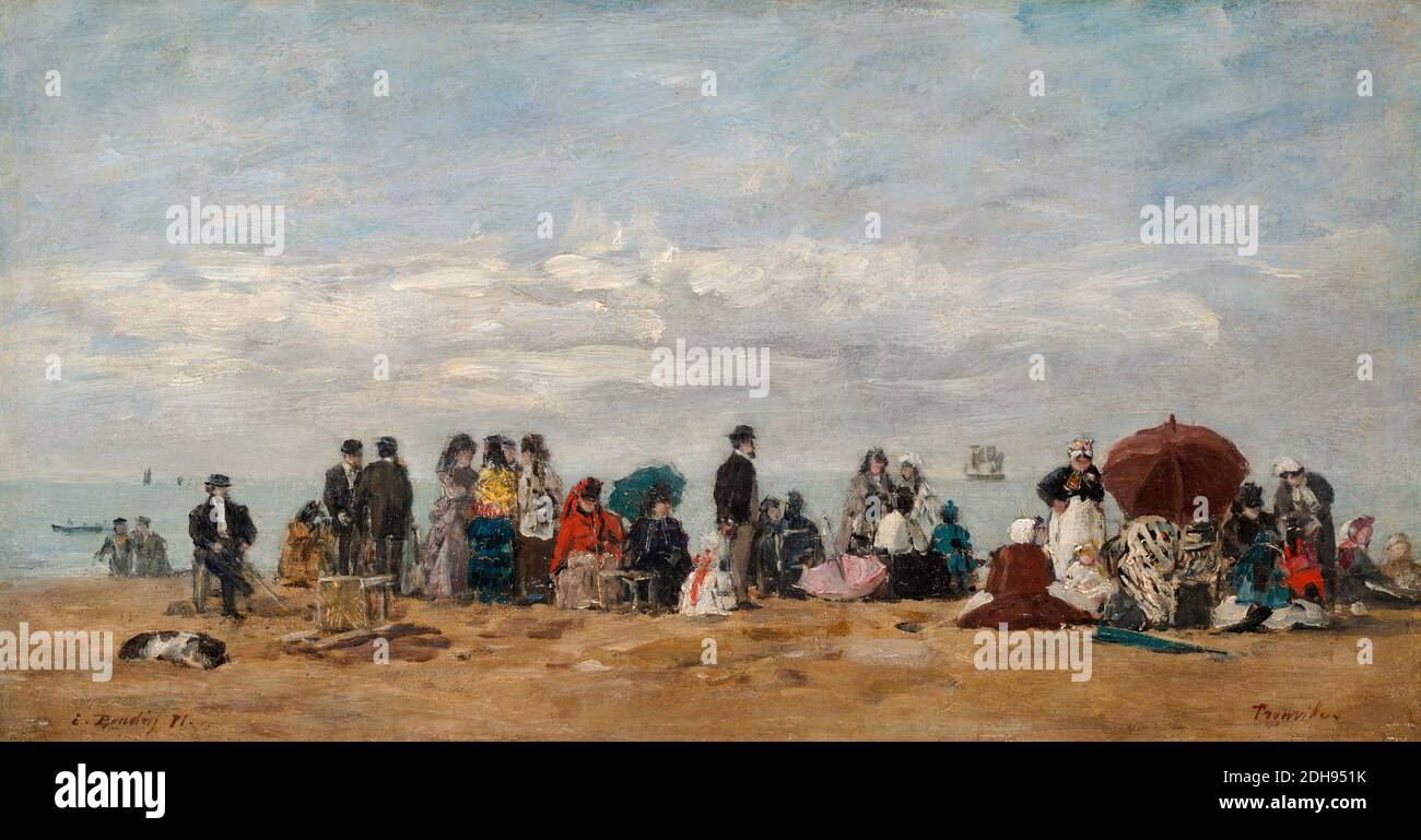 Der Strand von Trouville, Landschaftsmalerei von Eugène Louis Boudin, 1871 Stockfoto