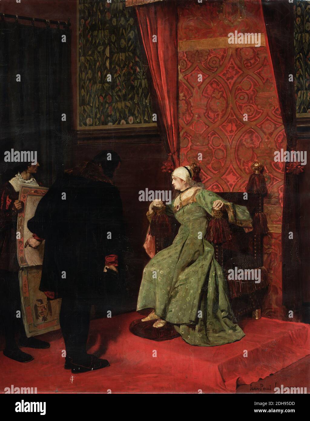 Kolumbus vor Isabella, (Christoph Kolumbus und Königin Isabella I. von Kastilien), Gemälde von Jean Paul Laurens, vor 1921 Stockfoto
