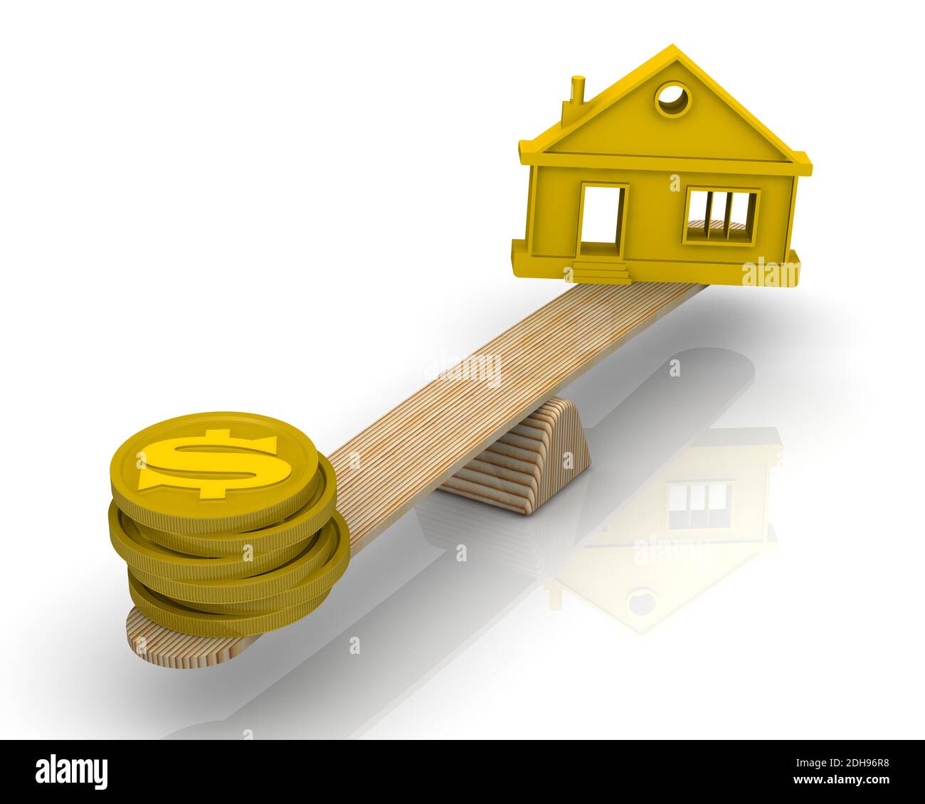 Geld (Münzen mit dem Symbol des US-Dollars) und das Symbol des Hauses wog in der Bilanz. Finanzkonzept Stockfoto