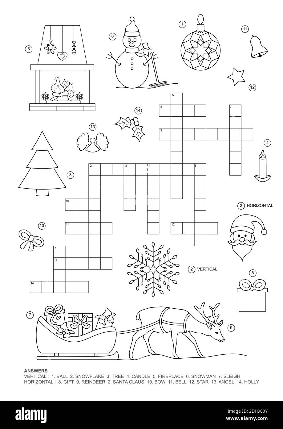 Kreuzworträtsel. Dieses Weihnachten Thema Kreuzworträtsel-Spiel ist für Kinder. Spiel und Färbung Seite. Englische Sprache Stock Vektor