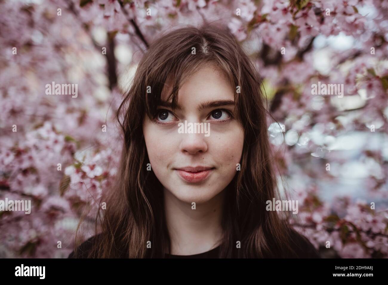 Lächelnde junge Frau schaut weg, während sie gegen den Baum steht Stockfoto