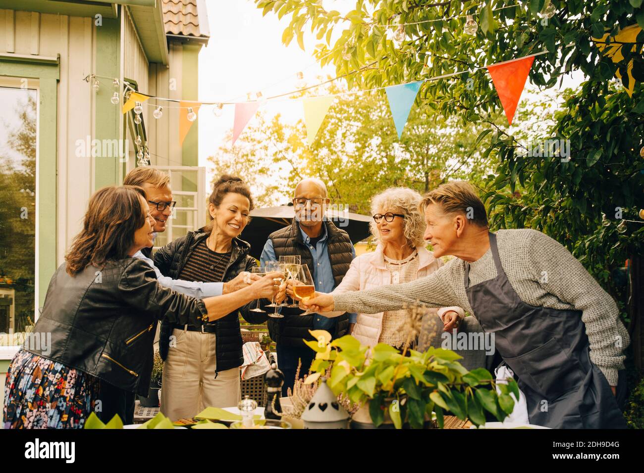 Aktive ältere männliche und weibliche Freunde mit feierlichem Toast auf Hinterhof während Garten Dinner Party Stockfoto