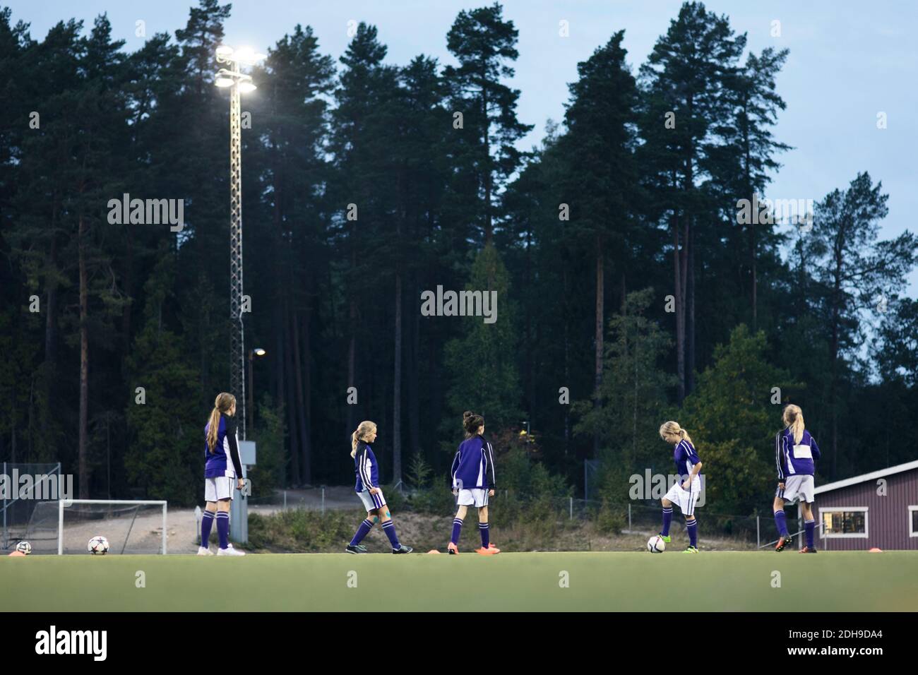 Ansicht der Oberfläche von Mädchen üben Fußball auf dem Feld gegen Bäume Stockfoto