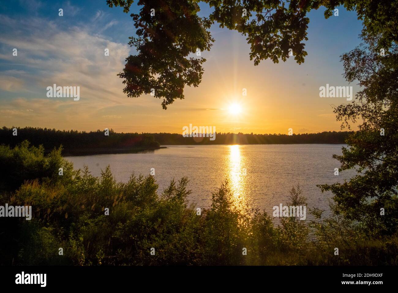 Panorama eines wunderschönen Sonnenuntergangs an einem Waldsee Stockfoto