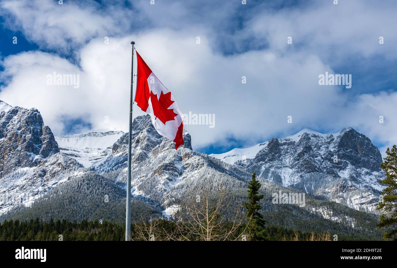 Nahaufnahme der National Flag of Canada mit natürlichen Bergen und Bäumen Landschaft im Hintergrund. Stockfoto
