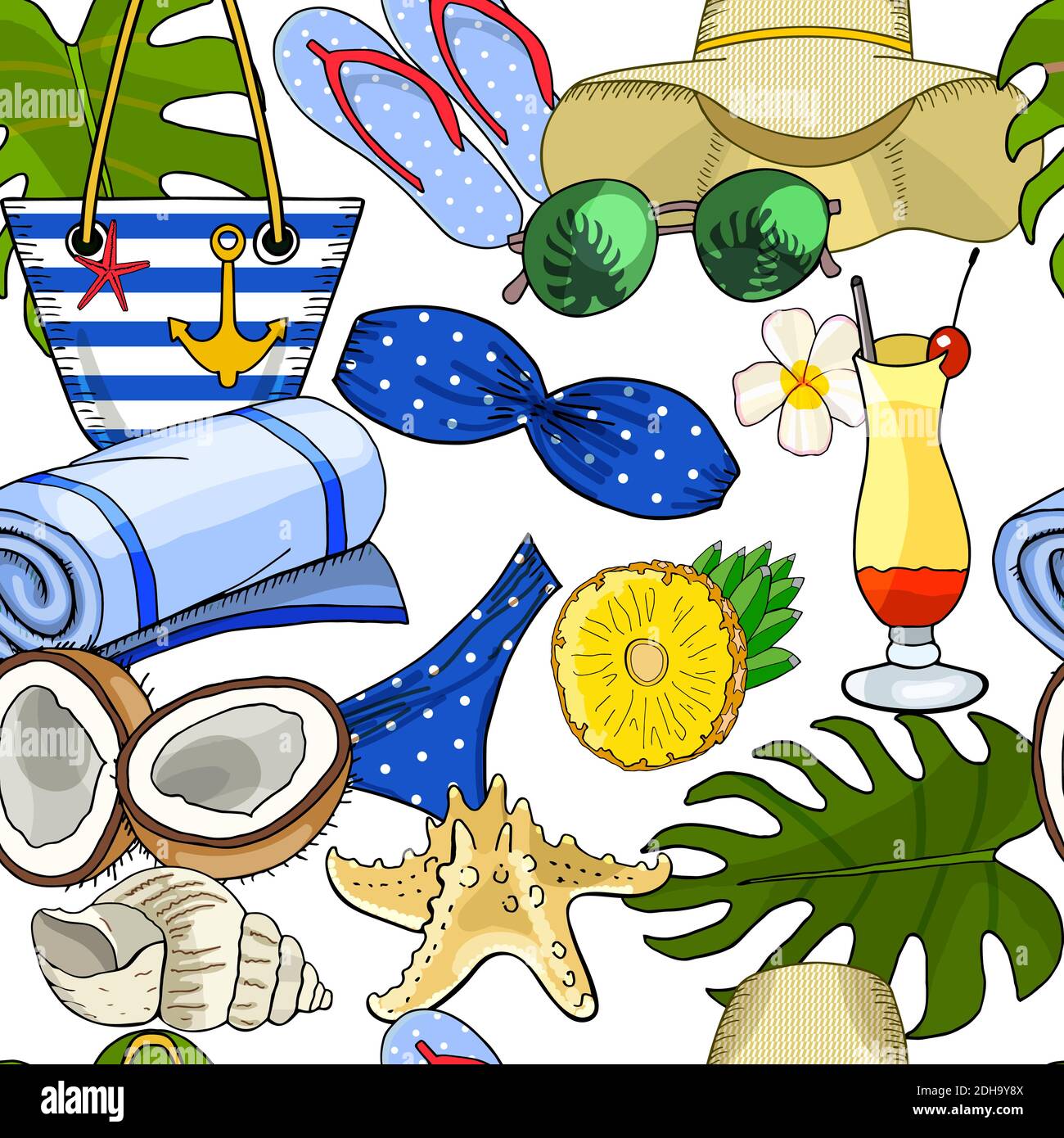 Sommer Strand nahtlose Muster. Vektor handgezeichnete Illustration Stock Vektor
