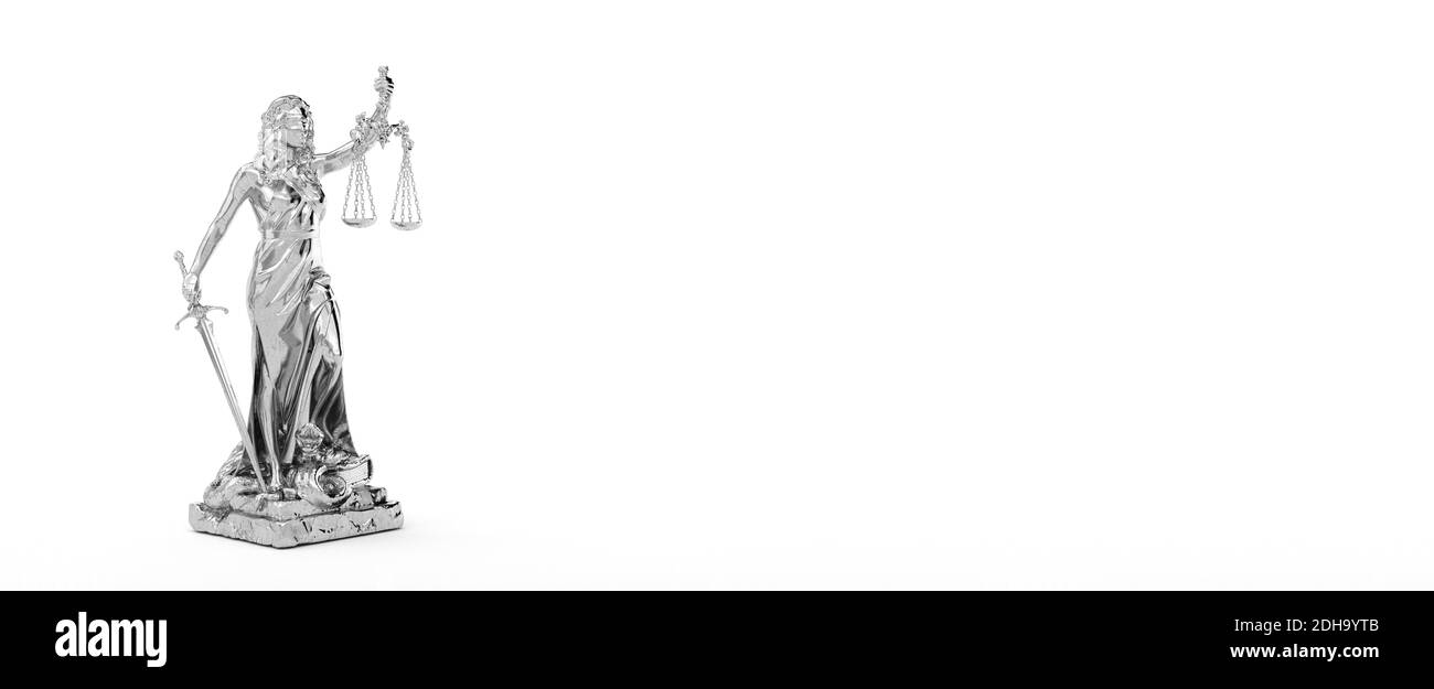 Silberne Lady Justice Statue Weiß Stockfoto