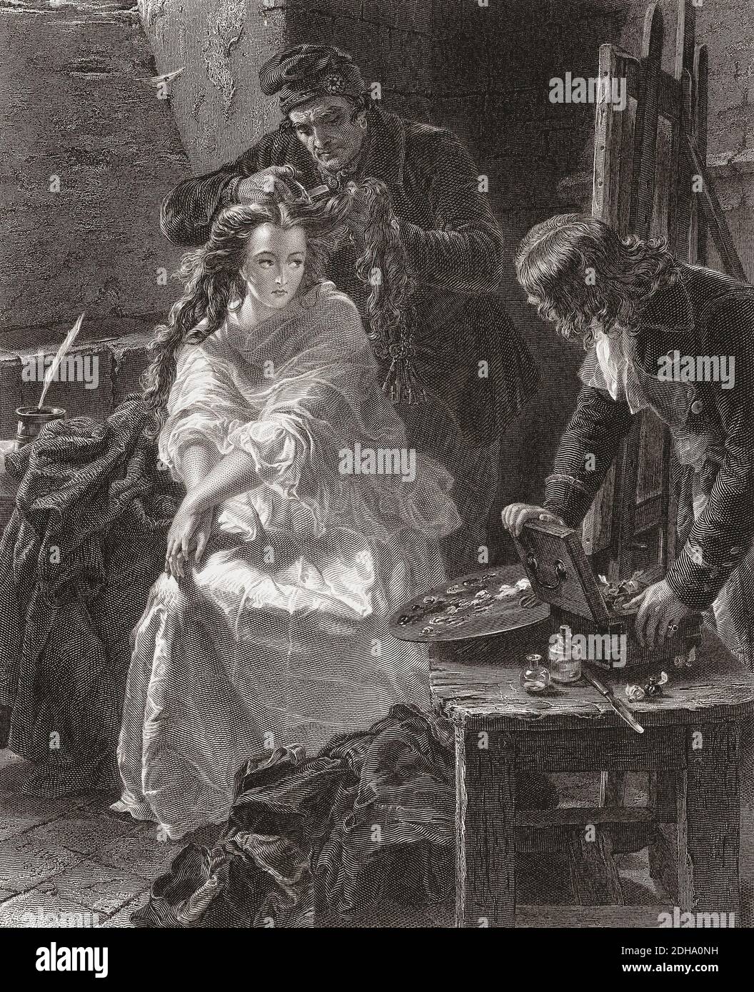 Charlotte Corday, vollständiger Name Marie-Anne Charlotte de Corday d'Armont, 1768 - 1793. Zum Tode verurteilt, nachdem sie Jean-Paul Marat ermordet hatte, bat sie um die Erlaubnis, ihr Porträt vor ihrer Hinrichtung malen zu lassen. In dieser Gravur von Lumb Stocks nach der Arbeit von Edward Matthew ward wird ihr Haar zur Vorbereitung auf die Guillotine geschnitten. Rechts hat der Künstler, den sie gewählt hat, Jean-Jacques Hauer, ihr Porträt fertig gestellt und packt seine Farben und Pinsel. Sie starrt auf seine Arbeit. Stockfoto