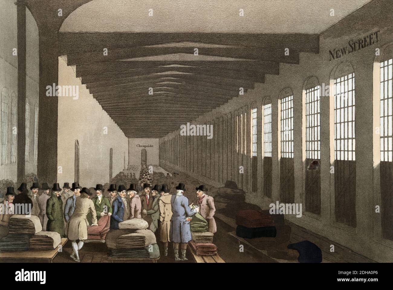 Die Tuchhalle in Leeds, 19. Jahrhundert. Der Kauf und Verkauf von Stoff wurde hier durchgeführt. Nach einem Stich von R. Havell, der 1814 nach einem Werk von George Walker herausgegeben wurde. Stockfoto