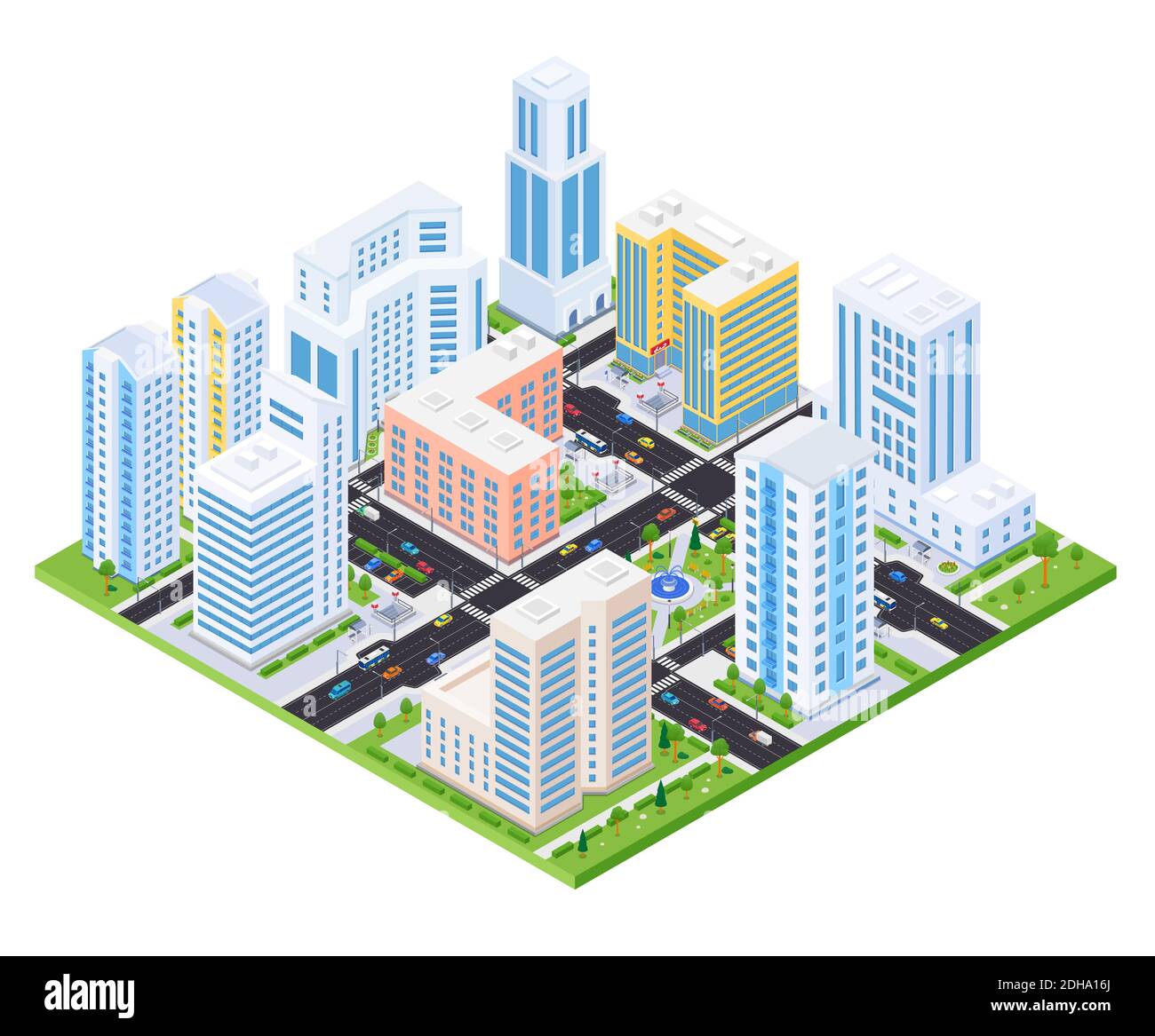 Wohnkomplex - moderne Vektor bunte isometrische Illustration. Hochwertige Stadtlandschaft mit Wohnhäusern, Hochhäusern, Straße mit Autos. Echt Stock Vektor