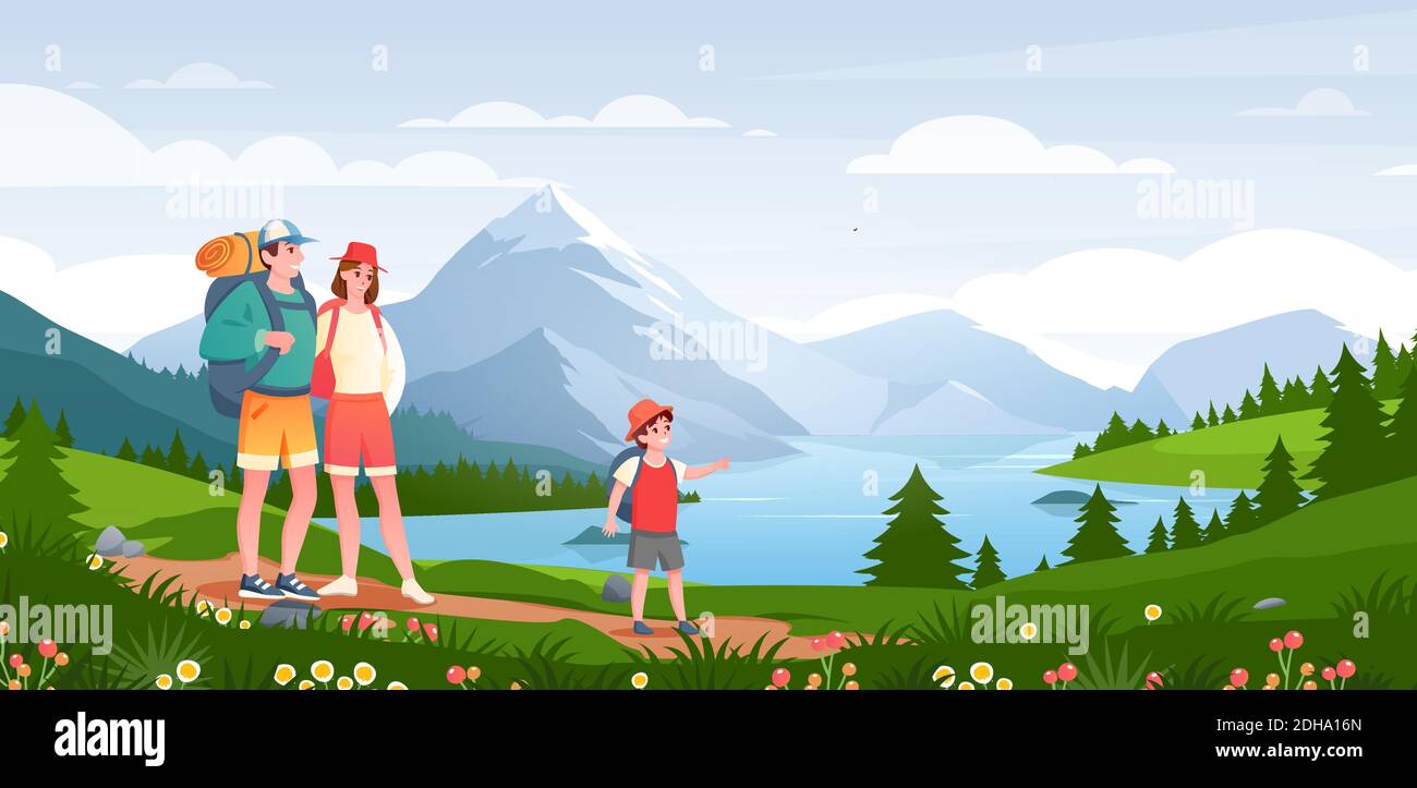 Familie in der Natur Abenteuer, Cartoon glücklich Wanderer Menschen genießen natürliche Landschaft mit Bergsee Stock Vektor