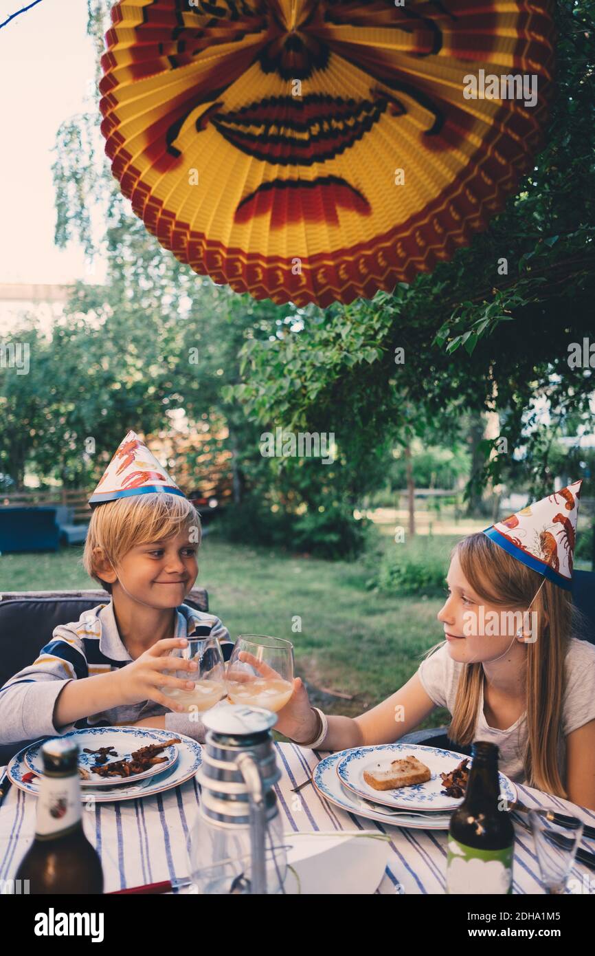 Fröhlicher Bruder und Schwester, die Getränke bei der Gartenabendessen-Party toasten Stockfoto