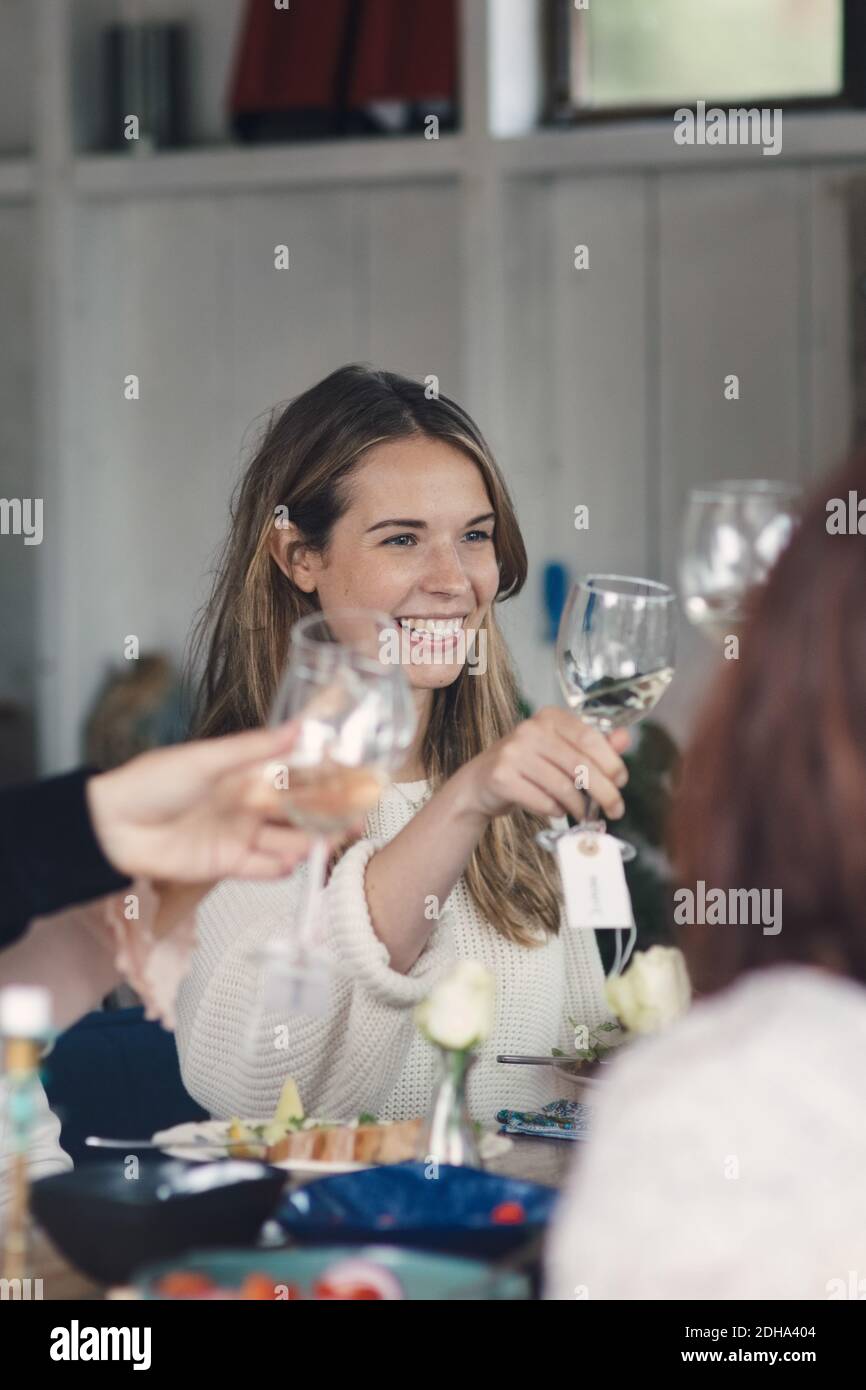 Lächelnde junge Frau, die während der Mittagsparty mit Freunden anstößt Stockfoto