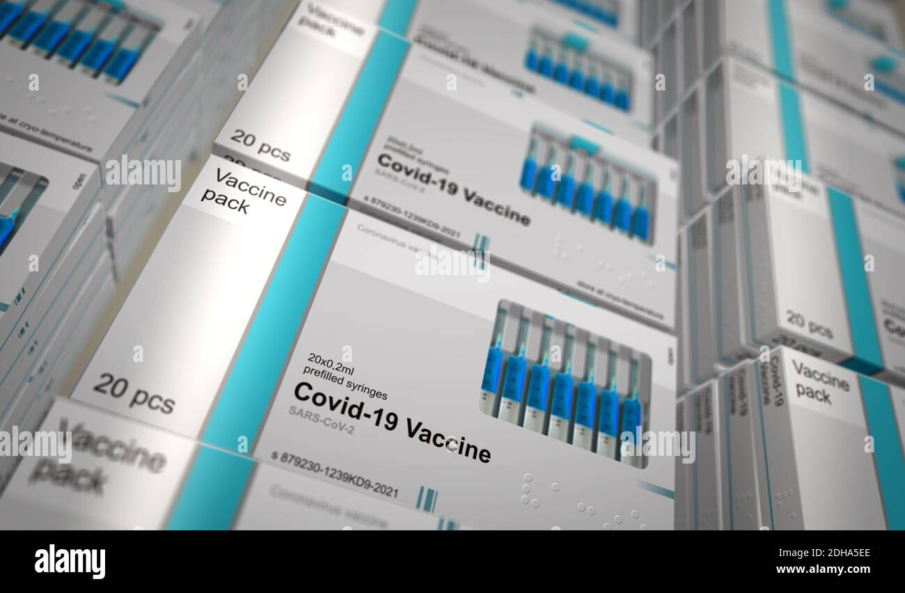 Covid-19 Impfstoffpackung Produktionslinie. Coronavirus sars-COV-2 Impfvorbereitung, Verpackung und Versand. Eine Box für Spritzen mit Dosen. Zusammenfassung c Stockfoto