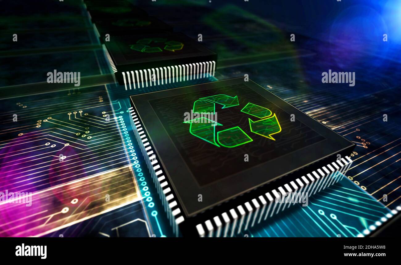 Recycling-Symbol, E-Abfall, Ökologie, recyclingfähige Technologie, Wiederverwendung von Elektroschrott, grüne Industrie und Umweltschutz Konzept. 3d-Rendering-Abb. Stockfoto