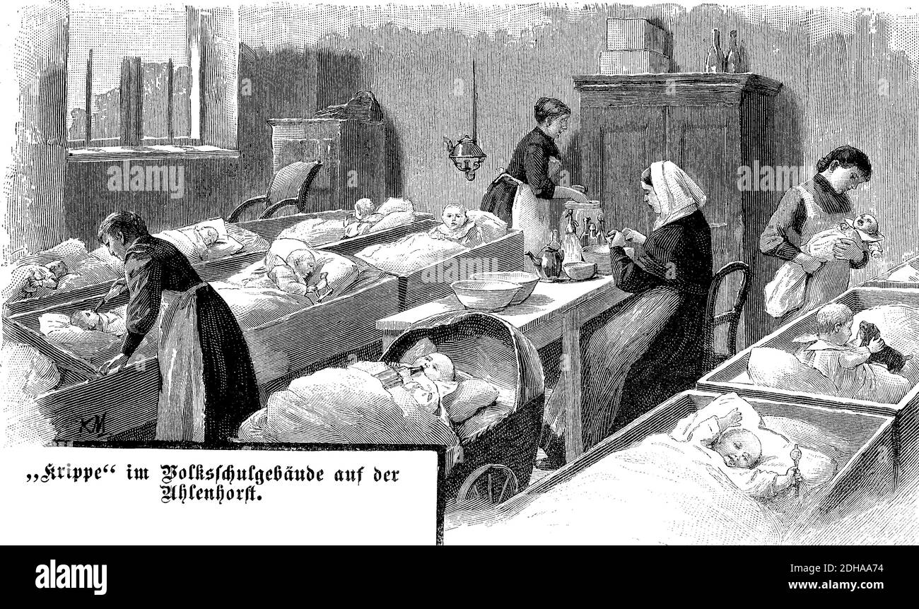 Krippe, Babystation im Volksschulgebäude auf Ahlenhorst, Waisen wegen Choleraepidemie, 1892, Hamburg, Deutschland / Krippe, Babystation im Volksschulgebäude auf dem Ahlenhorst, Waisen durch die Cholera-Epidemiie, 1892, Hamburg, Deutschland, historisch, Digitale verbesserte Reproduktion eines Originals aus dem 19. Jahrhundert / digitale Reproduktion einer Originalvorlage aus dem 19. Jahrhundert, Stockfoto