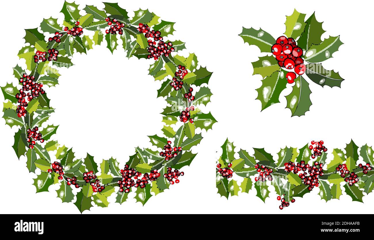 Runde traditionelle Weihnachtskranz mit Stechpalme isoliert auf weiß. Pinsel mit endlosem Horisontalmuster. Vektorrahmen für Ihr Design, Ankündigungen, postca Stock Vektor