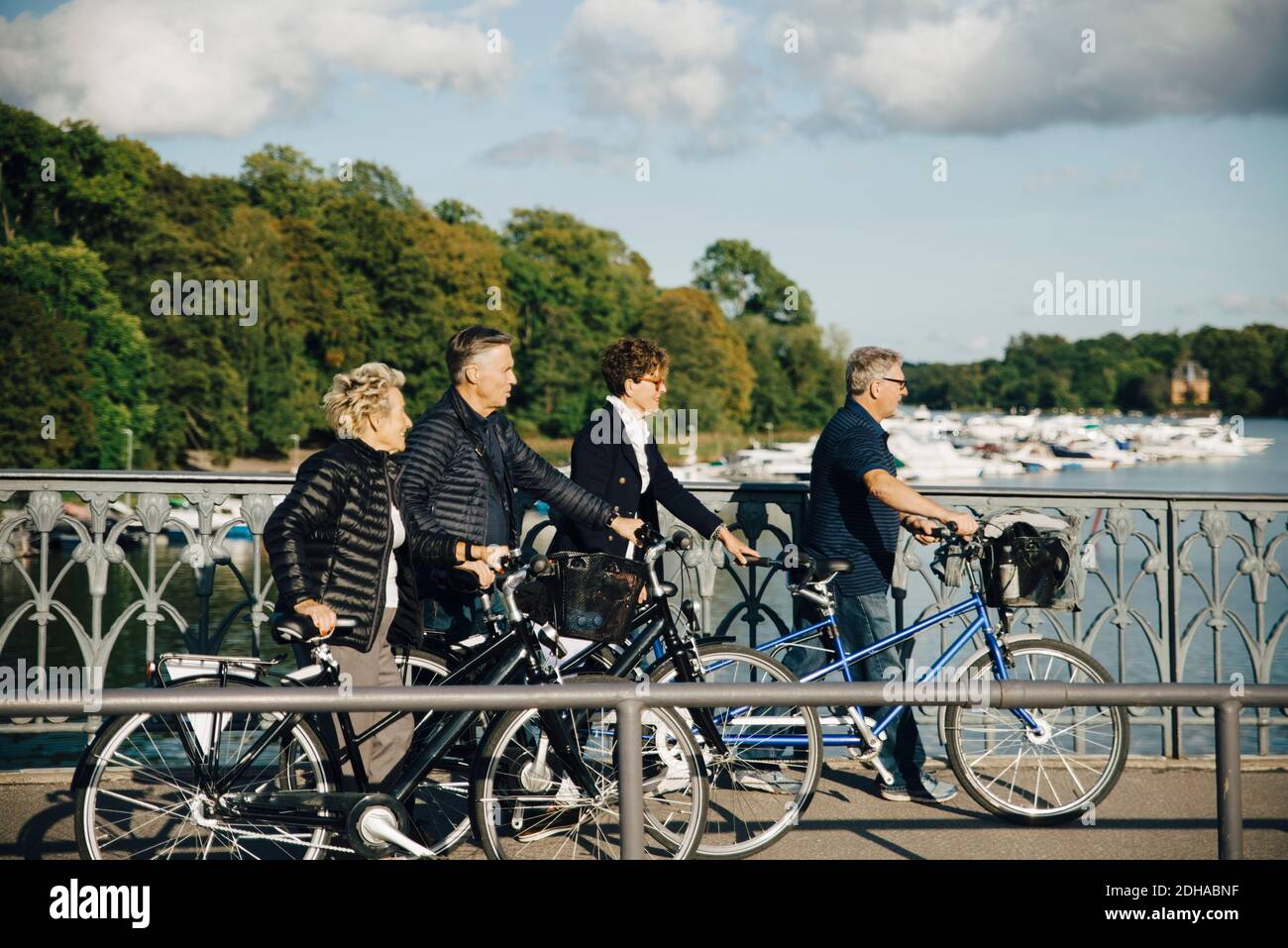 Ältere männliche und weibliche Freunde mit Fahrrädern, die auf der Brücke laufen Über den Fluss Stockfoto