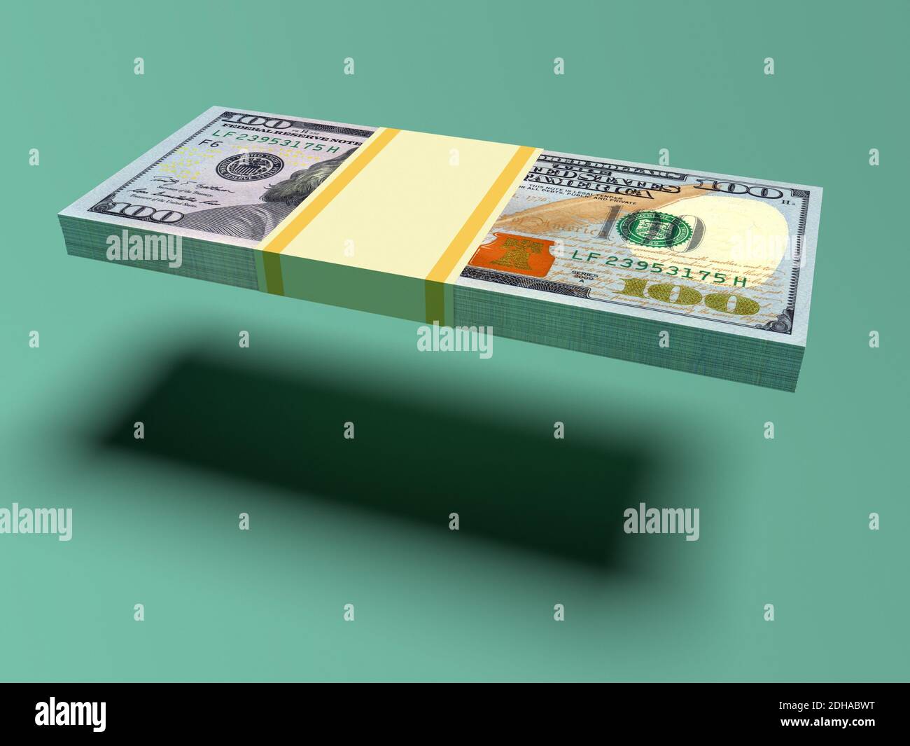 Fliegende Bündel von Dollar mit Schatten. Finanz- und Geschäftskonzept Stockfoto