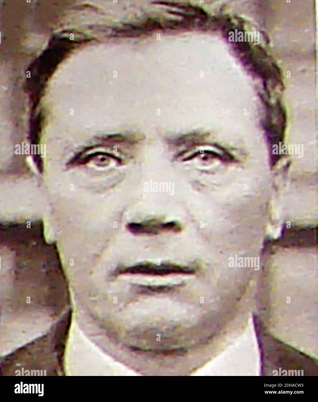 Porträt von Stephen 'Steve' Bloomer (1874-1938), einem renommierten englischen Fußballspieler, der für Derby County, Großbritannien, spielte. Er leitete auch das Team. Die Hymne 'Steve Bloomer's Watchin' wird bei jedem Heimspiel von Derby gespielt. Im Pride Park Stadium ist eine Büste von ihm.Bloomer spielte auch Baseball für den Derby Baseball Club, spielte für England und Middlesbrough und wurde später Fußballtrainer.im Ersten Weltkrieg wurde er in Ruhleben interniert. Ein ziviles Gefangenenlager im Berliner Bezirk Spandau nach der Ankunft in Deutschland, um Britannia Berlin 92 zu coachen Stockfoto