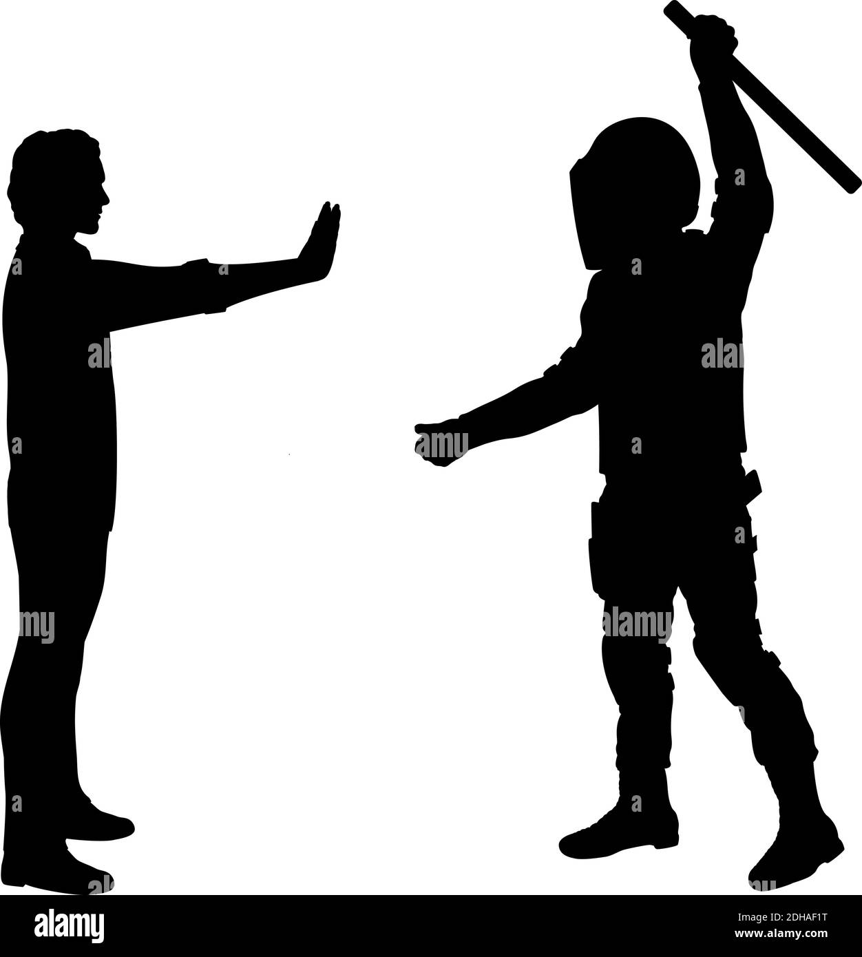 Silhouette Polizist schwang seinen Stab auf einen unbewaffneten Zivilmann. Symbol für die Abbildung Stock Vektor