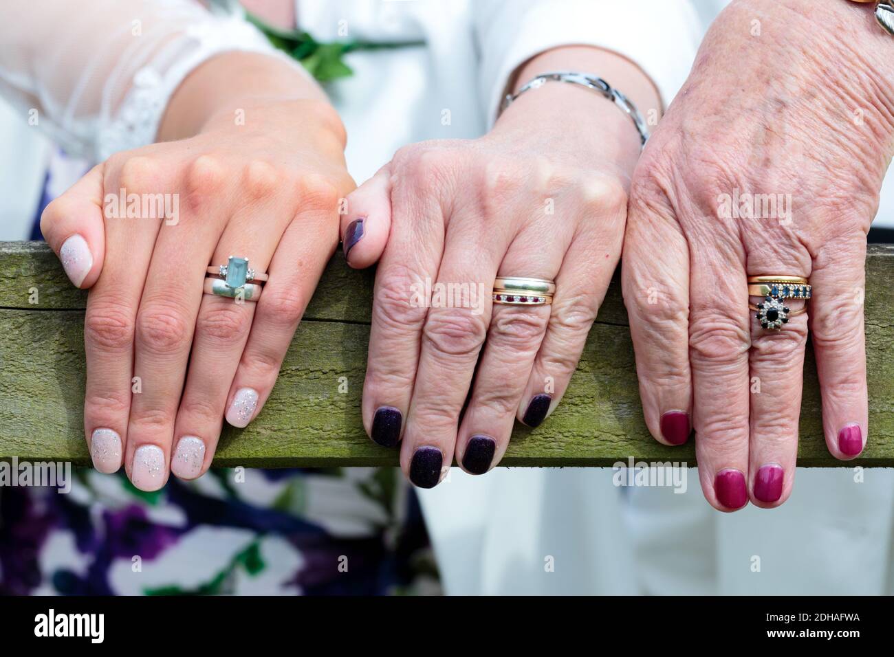 Drei weibliche Generationen derselben Familie zeigen ihre linke Hand und ihre jeweiligen Eheringe. Die Tochter, ihre Mutter und ihre Großmutter. Stockfoto