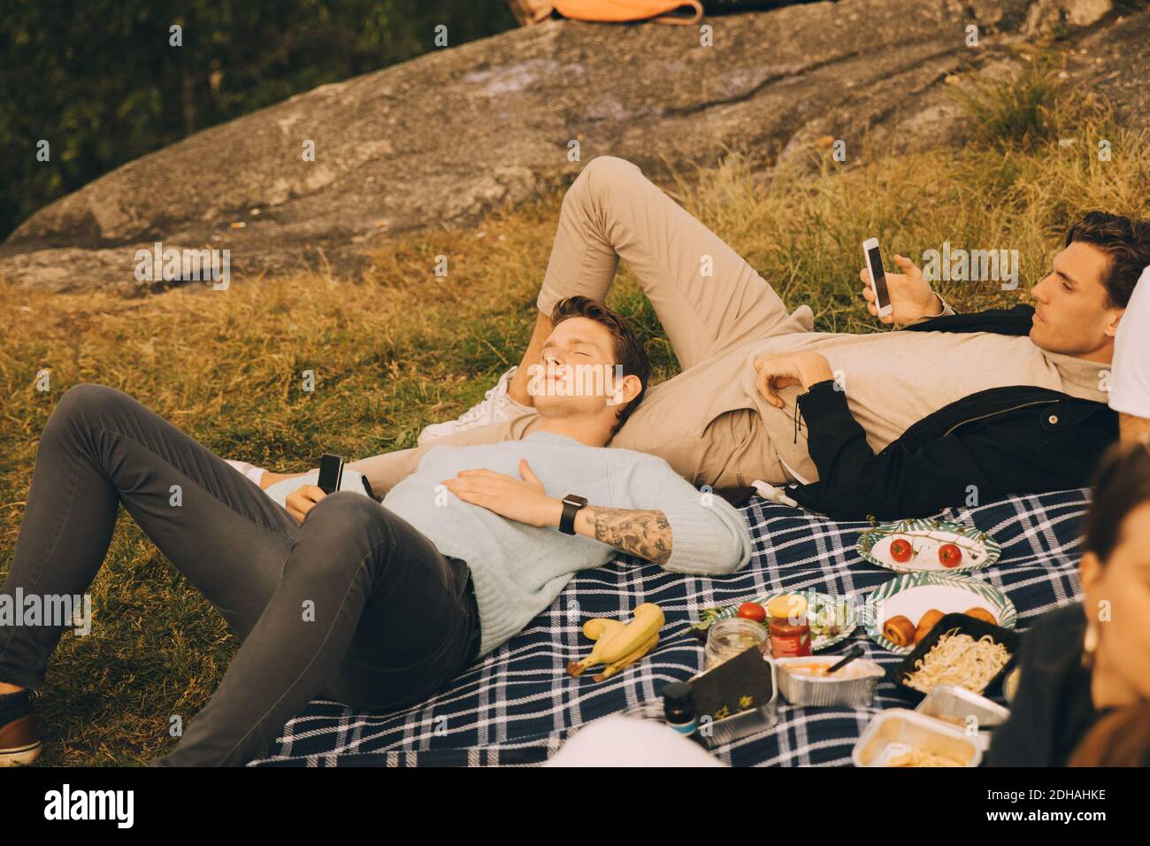 Blick auf männliche Freunde, die auf einer Picknickdecke liegen Stockfoto