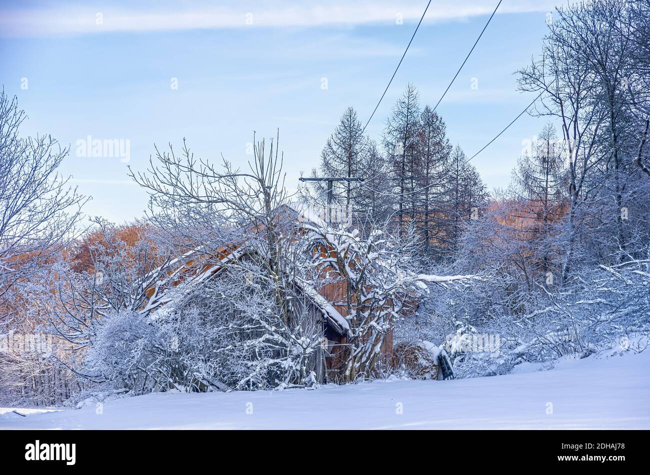 Winterliche Holzhütte in der Natur. Stockfoto