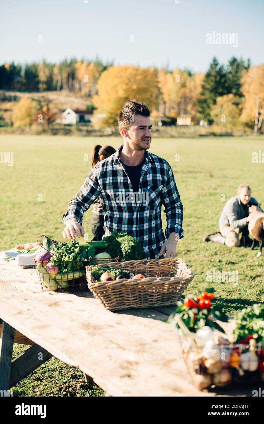 Mittlerer Erwachsener Mann verkauft Bio-Gemüse auf dem Tisch bei Landwirt Markt Stockfoto Mittlerer Erwachsener Mann verkauft Bio-Gemüse auf dem Tisch bei Landwirt Markt Stockfoto
