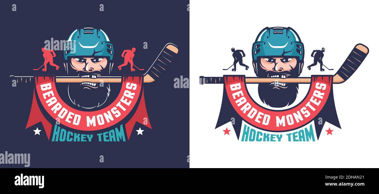 Retro-Eishockey-Emblem. Hockey-Team-Maskottchen - bärtiger Spieler mit Helm und Stock Stock Vektor
