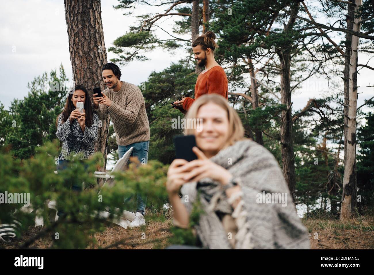 Männliche und weibliche Freunde, die Smartphones benutzen, während sie sich ausruhen Wald Stockfoto