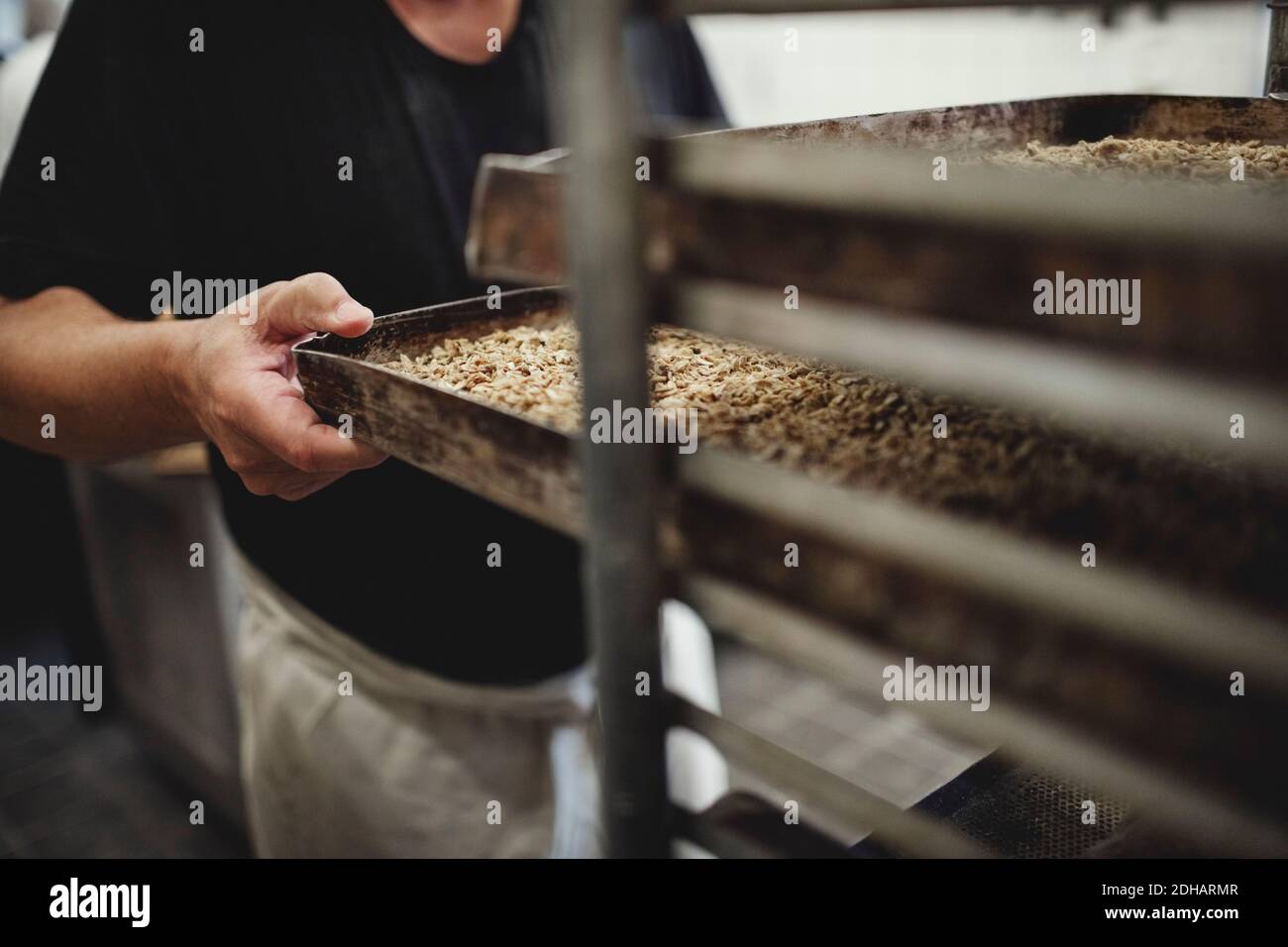 Mittelteil des männlichen Bäckers halten frisch gebackene Brote in Tablett Auf Kühlregal bei der Bäckerei Stockfoto