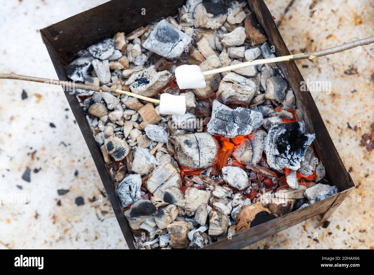 Marshmallows auf Stöcken werden über einem Brazier mit heißen Kohlen gebraten. Picknick im Freien im Winter mit Freunden. Stockfoto
