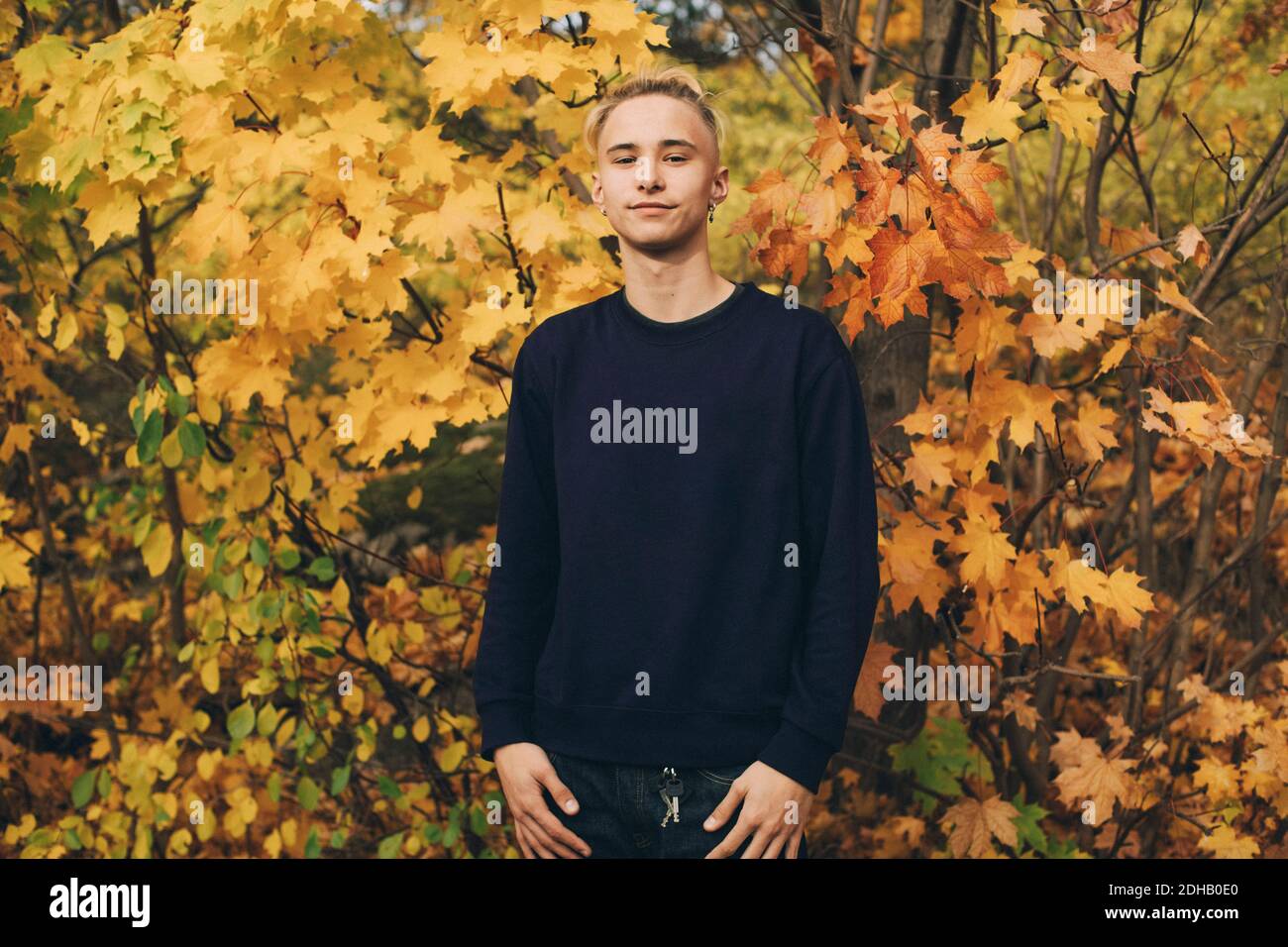 Selbstbewusster Teenager mit blondem Haar, das gegen Ahornbäume steht Im Herbst Stockfoto