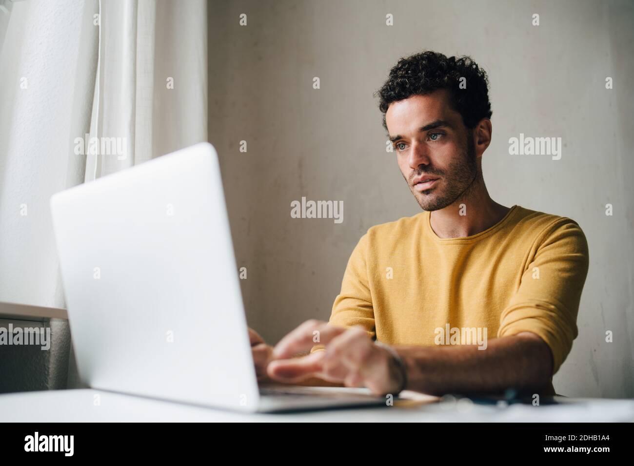Mitte erwachsener Mann mit Laptop zu Hause Stockfoto Mitte erwachsener Mann mit Laptop zu Hause Stockfoto